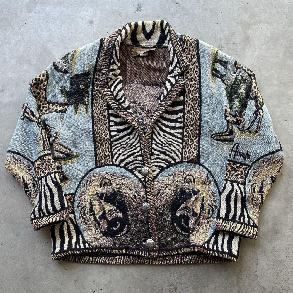 Vintage Painted Pony Tapestry Jacket Lions Giraffes Safari Nature Coat USA Made